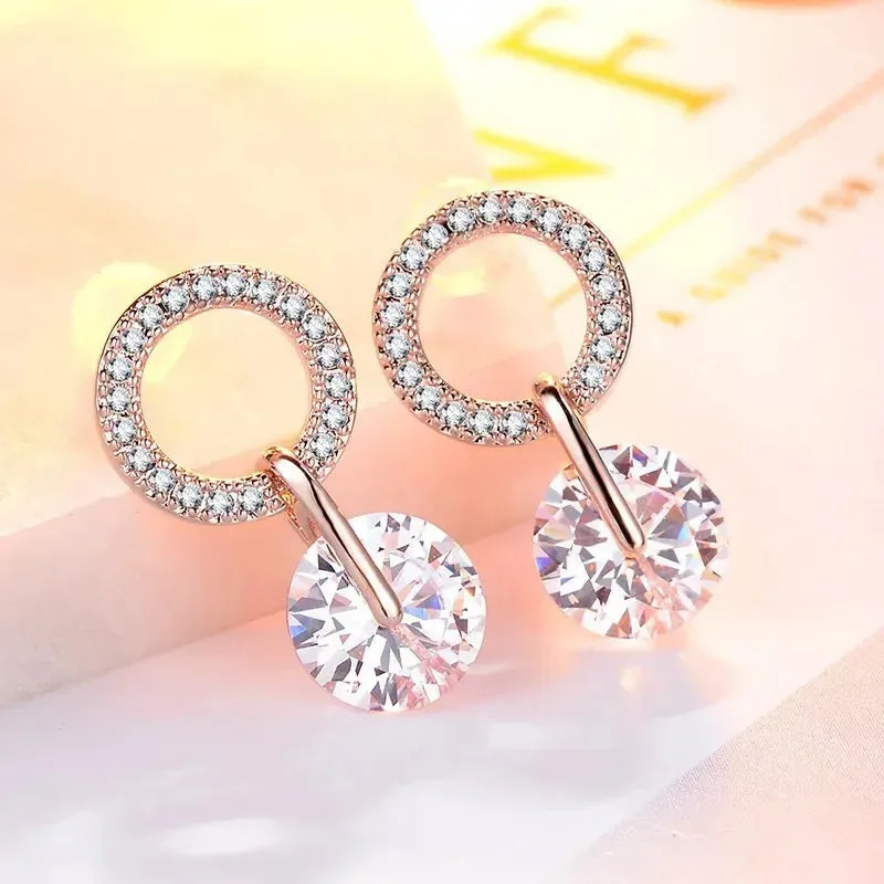 Ne'w Delicate Hollow Out Circle Stud Earrings Full Paved CZ Stone Simple Stylish Women's Earring Daily Collocation Accessories