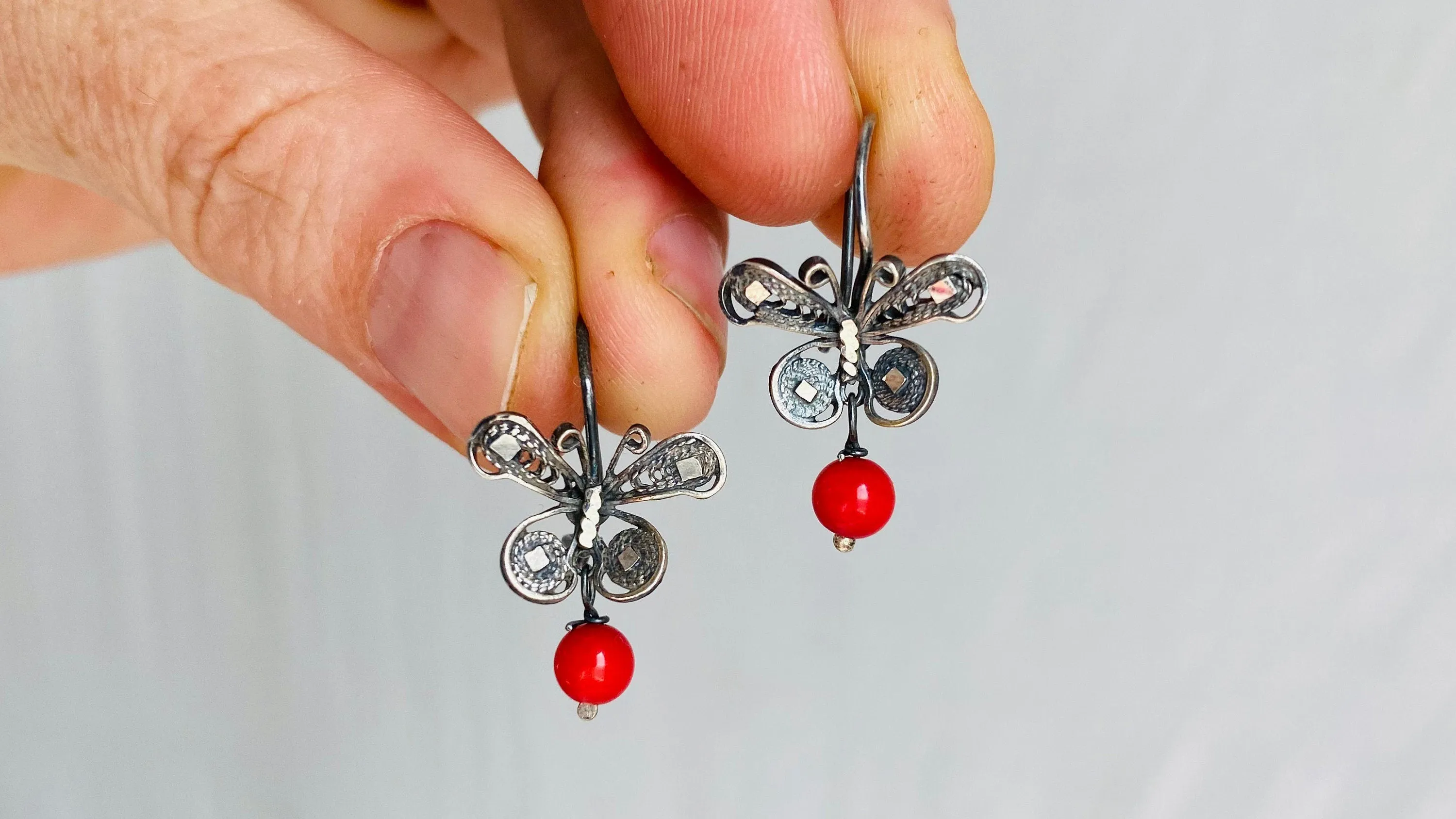 Oaxacan Filigree Earrings. Coral & Silver. Butterflies. Mexico. Frida Kahlo