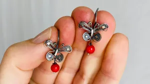 Oaxacan Filigree Earrings. Coral & Silver. Butterflies. Mexico. Frida Kahlo