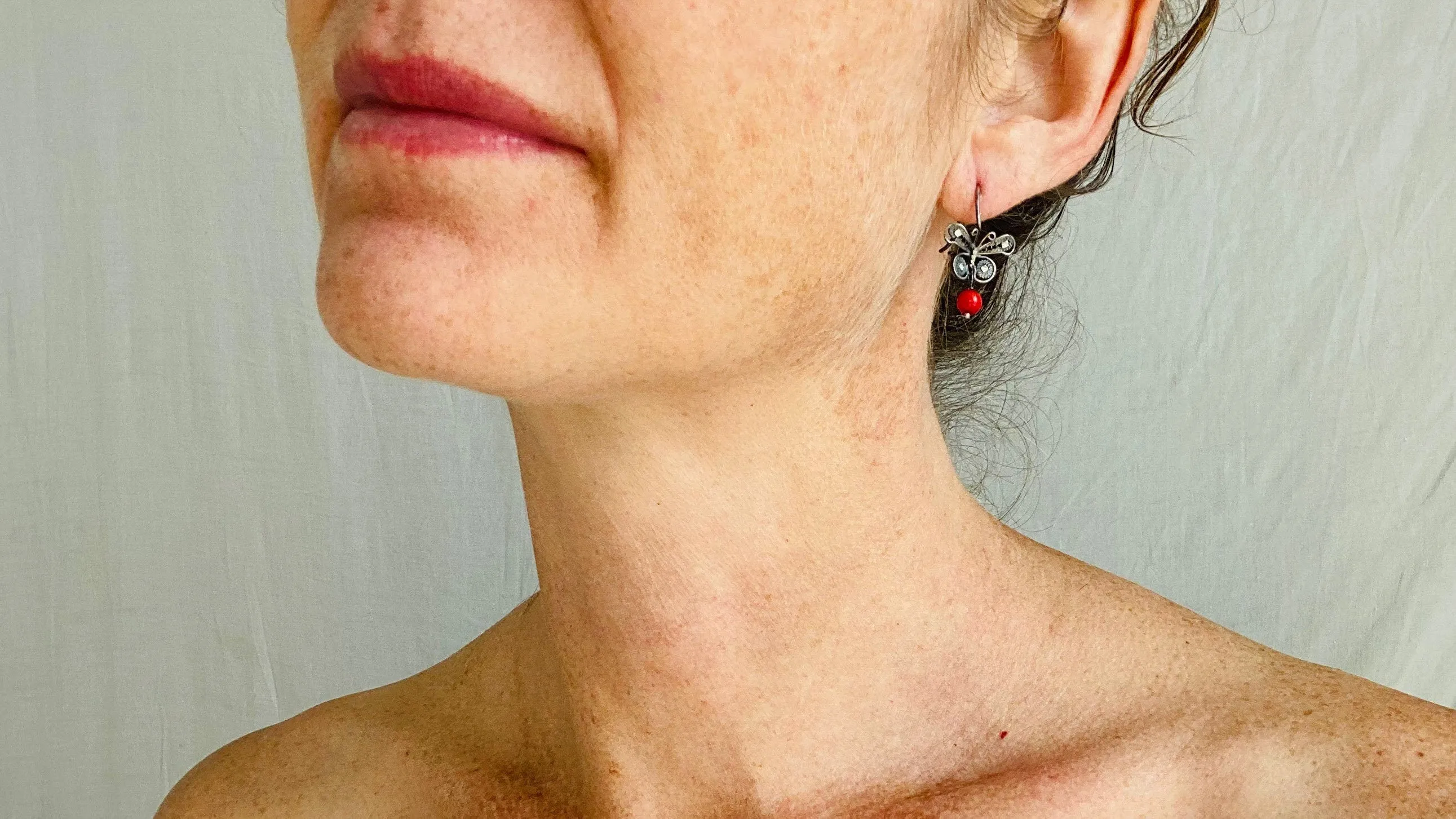 Oaxacan Filigree Earrings. Coral & Silver. Butterflies. Mexico. Frida Kahlo