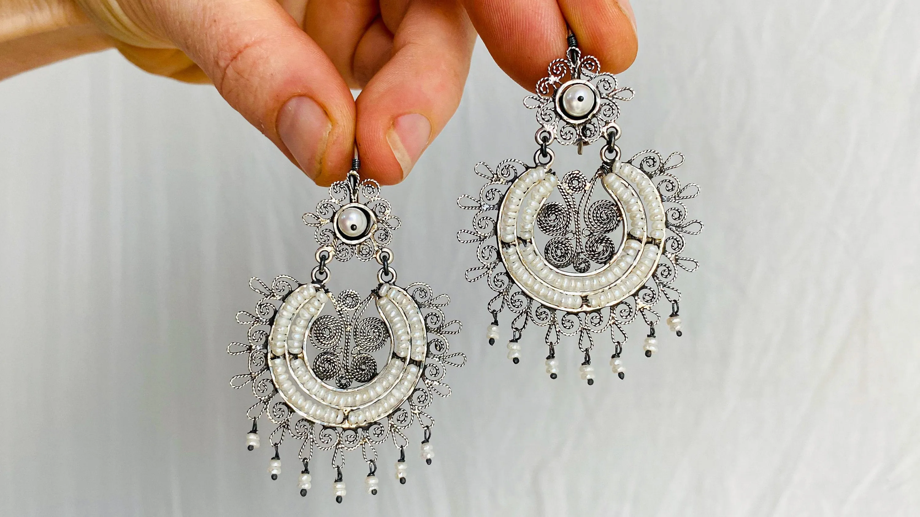 Oaxacan Filigree Earrings With Pearl. Sterling Silver. Mexico. Frida Kahlo