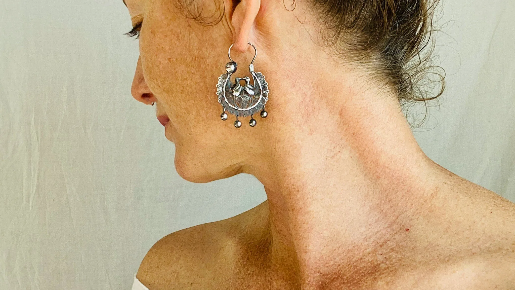 Oaxacan Filigree Hoop Earrings. Birds. Sterling Silver. Mexico. Frida Kahlo. 0372
