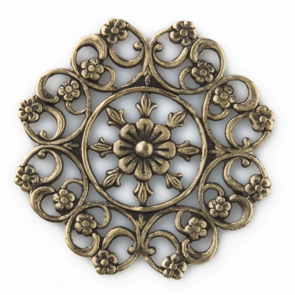 Oxidized brass filigree rosette. 28mm diameter Pkg of 1. b9-0828