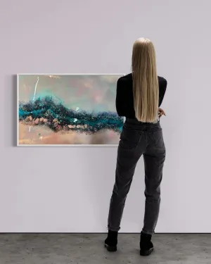 Pink and Blue Ocean Artwork. Crystal Reef - with Rose Quartz, Swarovski, Aura Quartz and Titanium Aura FRAMED 60x90cm