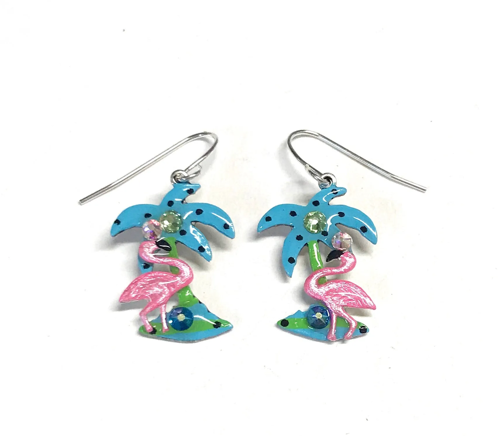 Pink Flamingo and Palm Tree Earrings - Fun Handpainted