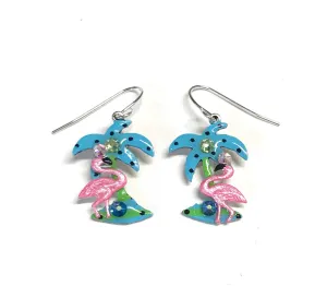 Pink Flamingo and Palm Tree Earrings - Fun Handpainted