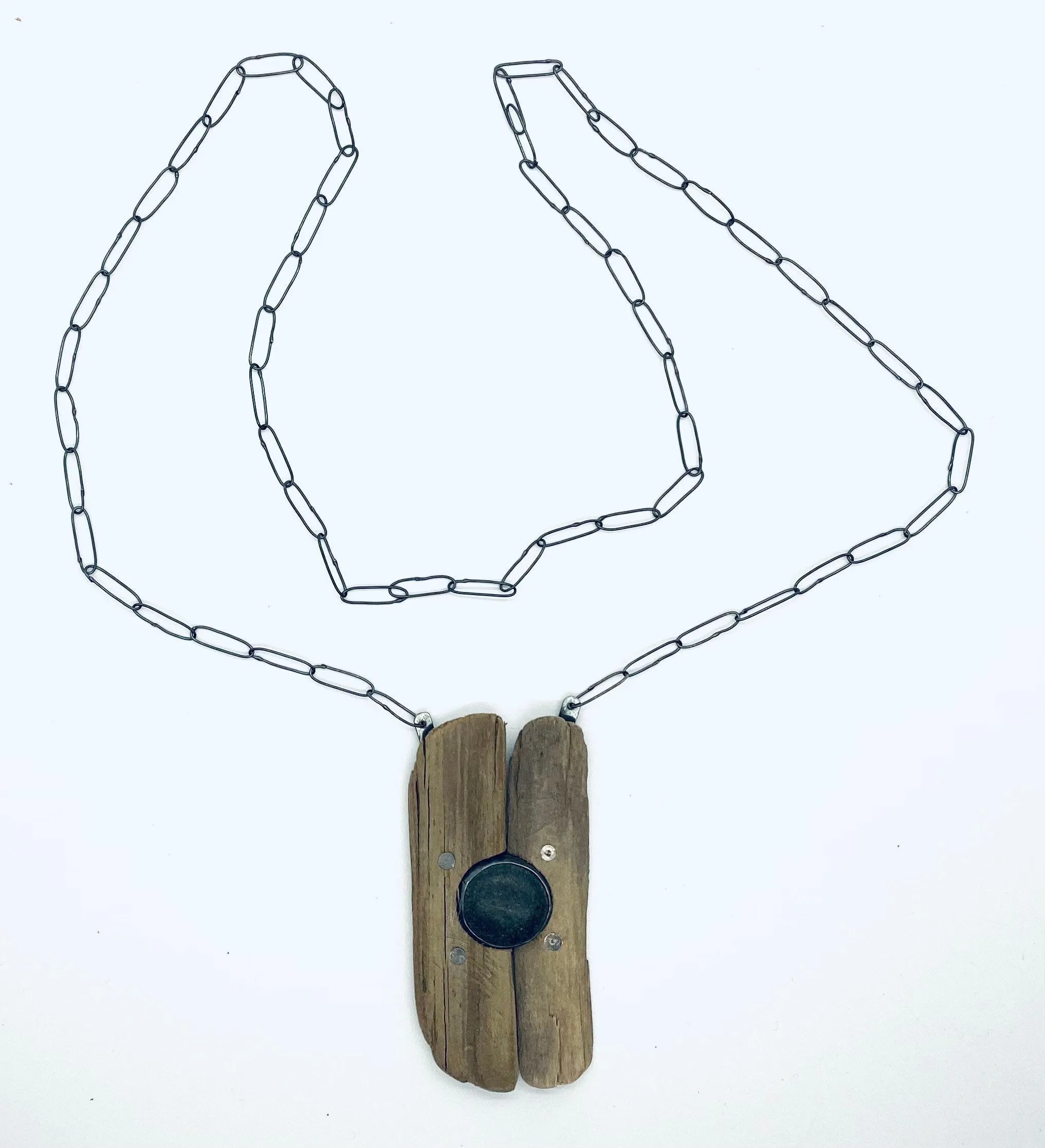 Rock and driftwood riveted  necklace