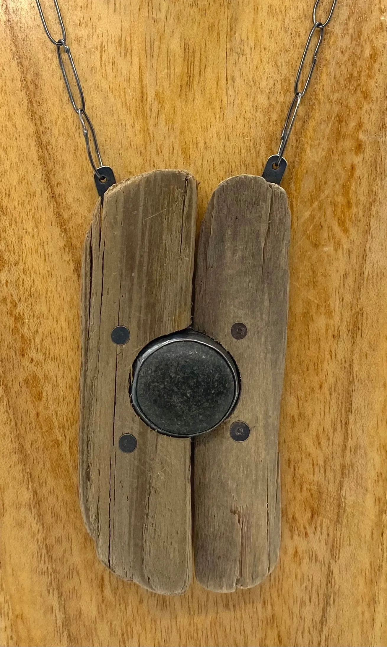 Rock and driftwood riveted  necklace