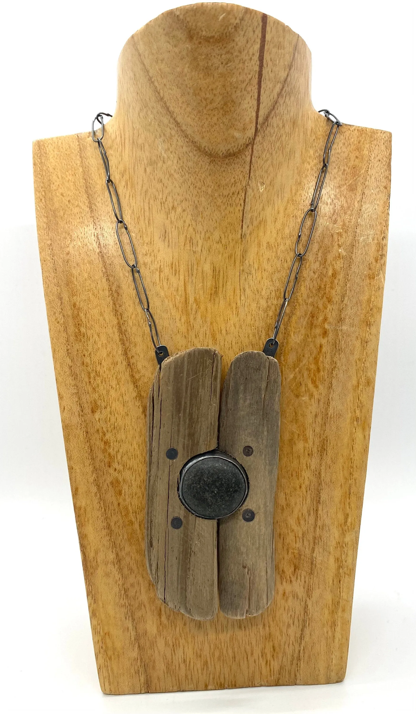 Rock and driftwood riveted  necklace