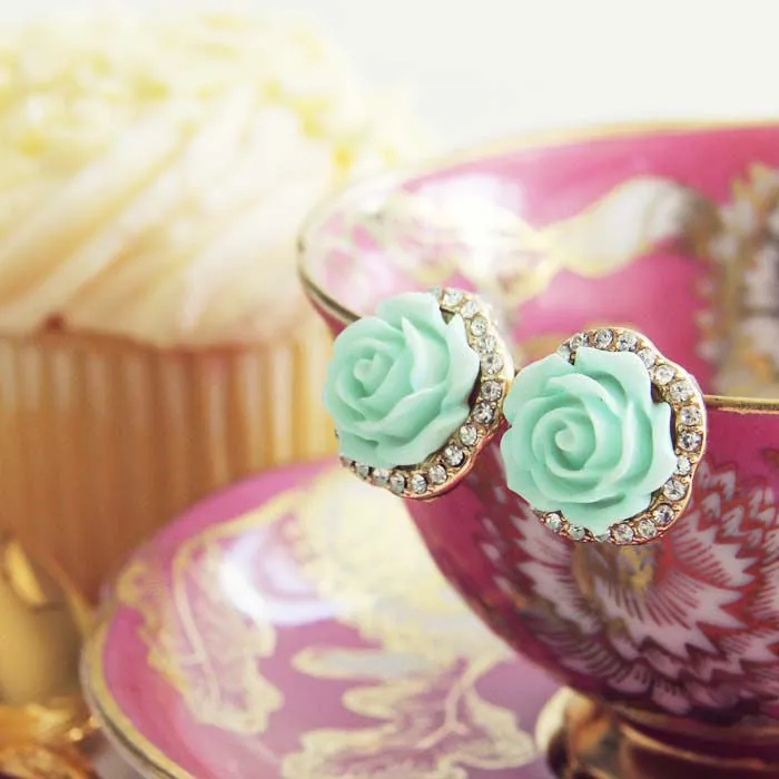 Rose Bud Stud Earrings in Mint