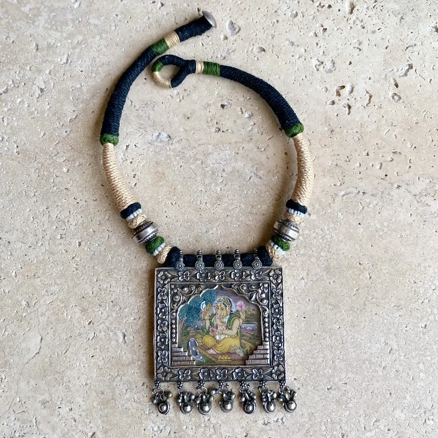 Silver Ganesh Miniature Painting Necklace