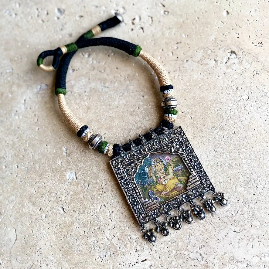 Silver Ganesh Miniature Painting Necklace