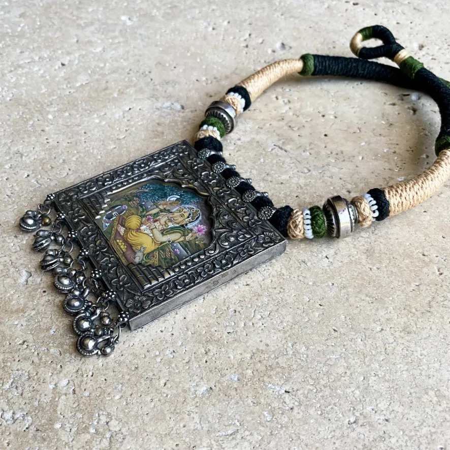 Silver Ganesh Miniature Painting Necklace