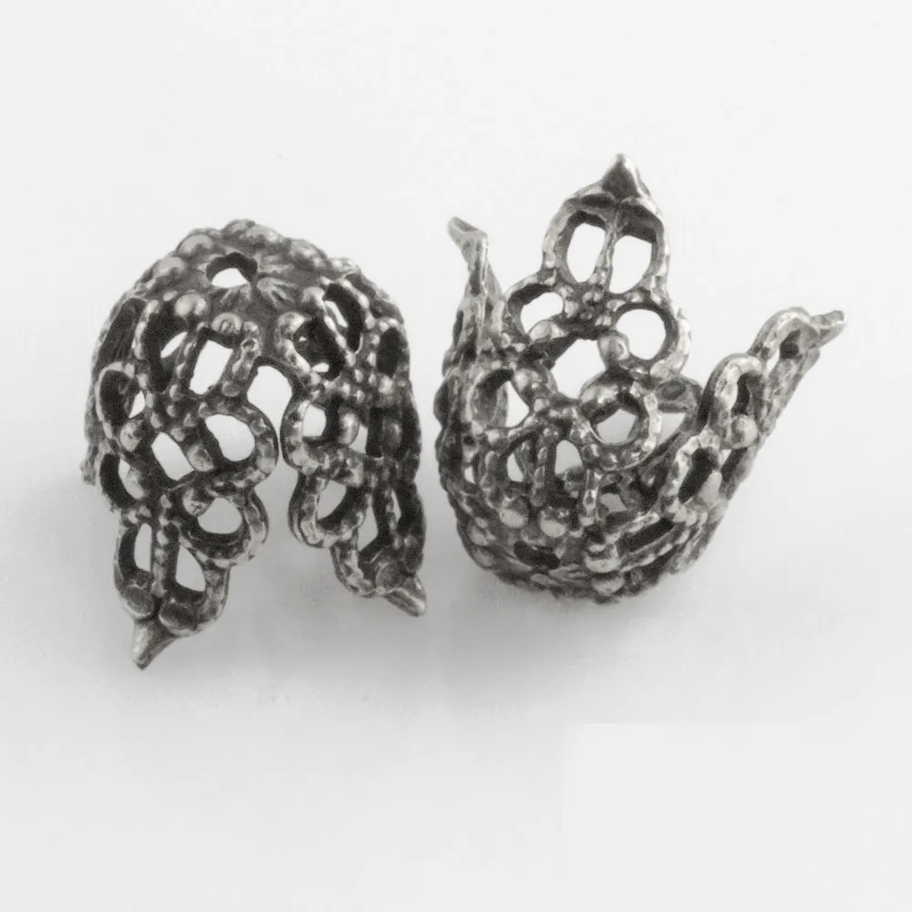 Silver plated brass filigree four petal bead cap. 12x11mm. Pkg. of 4. B9-2292s