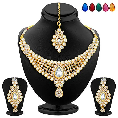 Sukkhi Elegant Gold Plated AD Necklace Set with Set of 5 Changeable Stone for Women