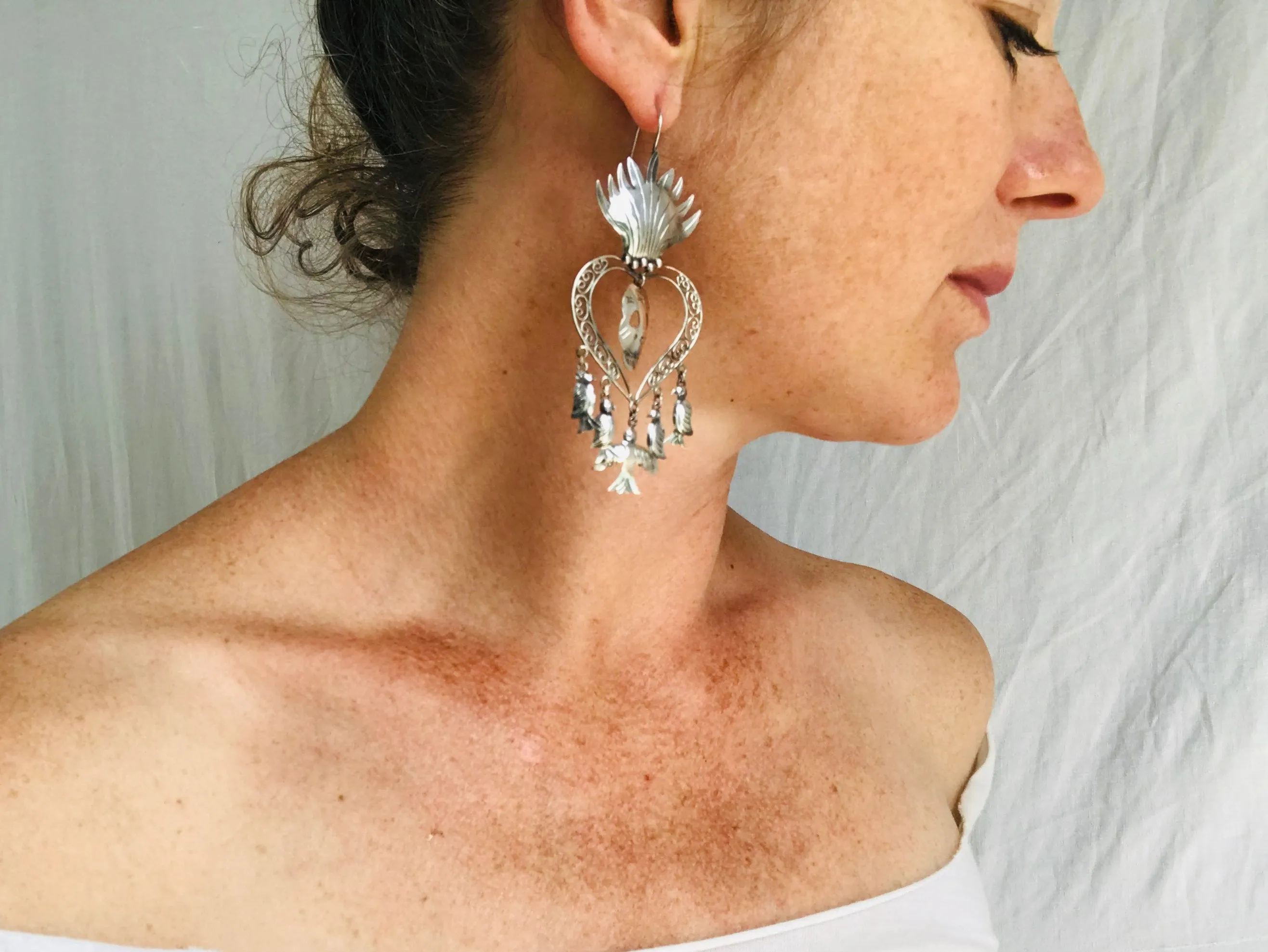Taxco Calavera Sacred Heart Earrings. Skull. Sterling. Mexico. Frida Kahlo