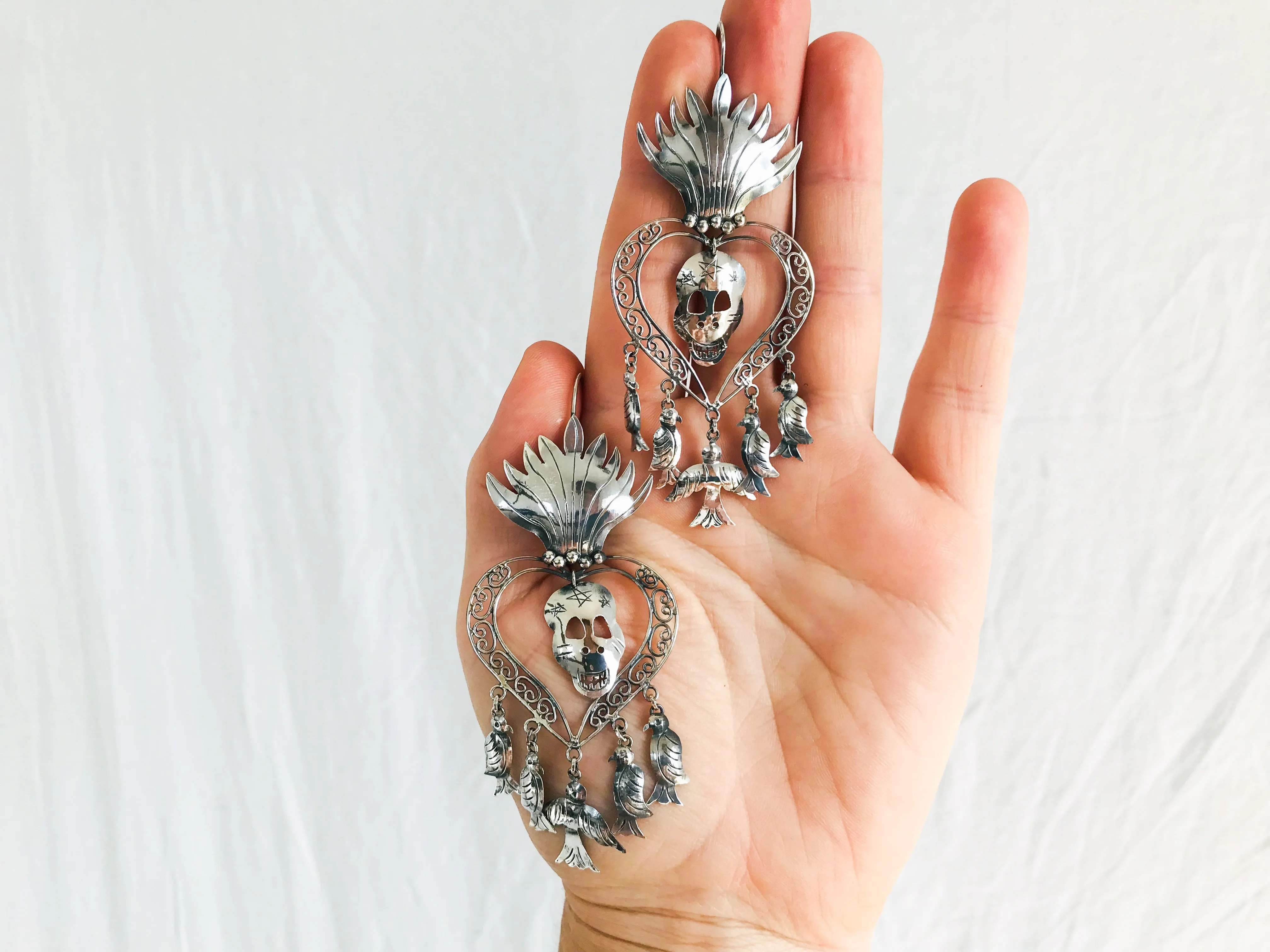 Taxco Calavera Sacred Heart Earrings. Skull. Sterling. Mexico. Frida Kahlo