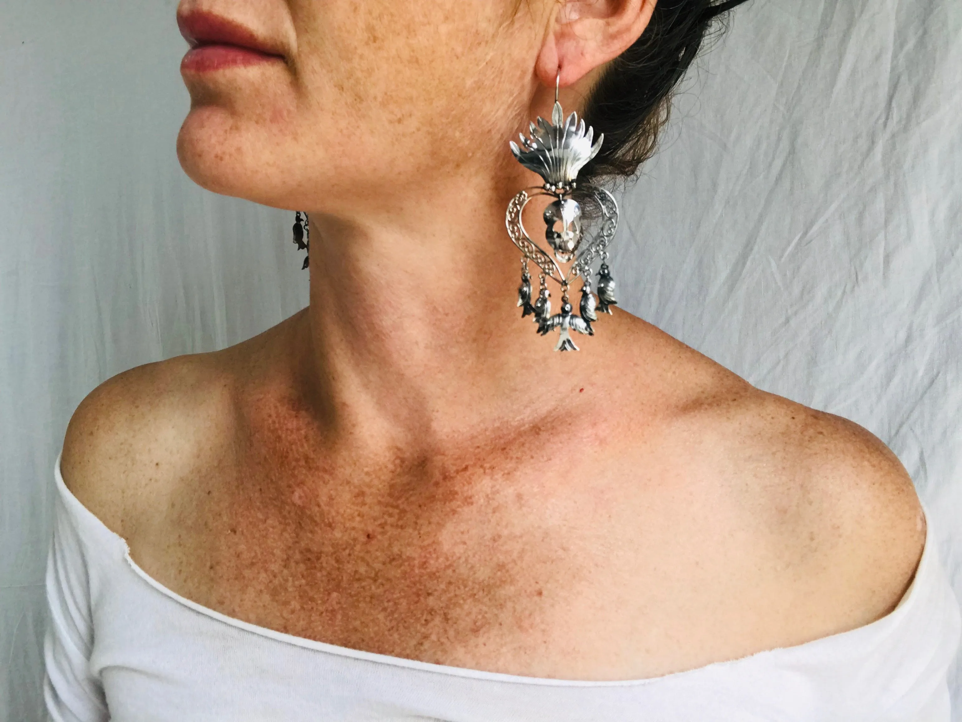 Taxco Calavera Sacred Heart Earrings. Skull. Sterling. Mexico. Frida Kahlo