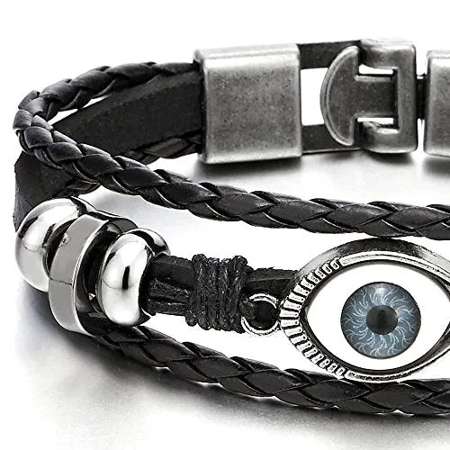 Three-Row Leather Bracelet with Black Evil Eye Beads Charms for Men and Women, Wristband Wrap Style, Perfect for Casual Wear or Bohemian-Themed Events
