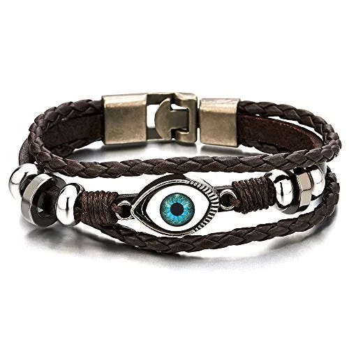 Three-Row Leather Bracelet with Black Evil Eye Beads Charms for Men and Women, Wristband Wrap Style, Perfect for Casual Wear or Bohemian-Themed Events