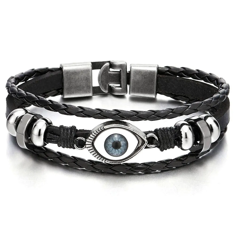 Three-Row Leather Bracelet with Black Evil Eye Beads Charms for Men and Women, Wristband Wrap Style, Perfect for Casual Wear or Bohemian-Themed Events