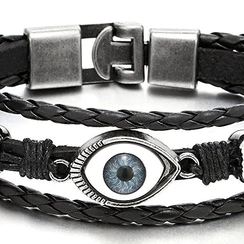 Three-Row Leather Bracelet with Black Evil Eye Beads Charms for Men and Women, Wristband Wrap Style, Perfect for Casual Wear or Bohemian-Themed Events