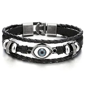 Three-Row Leather Bracelet with Black Evil Eye Beads Charms for Men and Women, Wristband Wrap Style, Perfect for Casual Wear or Bohemian-Themed Events