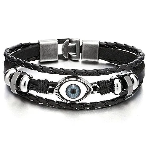 Three-Row Leather Bracelet with Black Evil Eye Beads Charms for Men and Women, Wristband Wrap Style, Perfect for Casual Wear or Bohemian-Themed Events