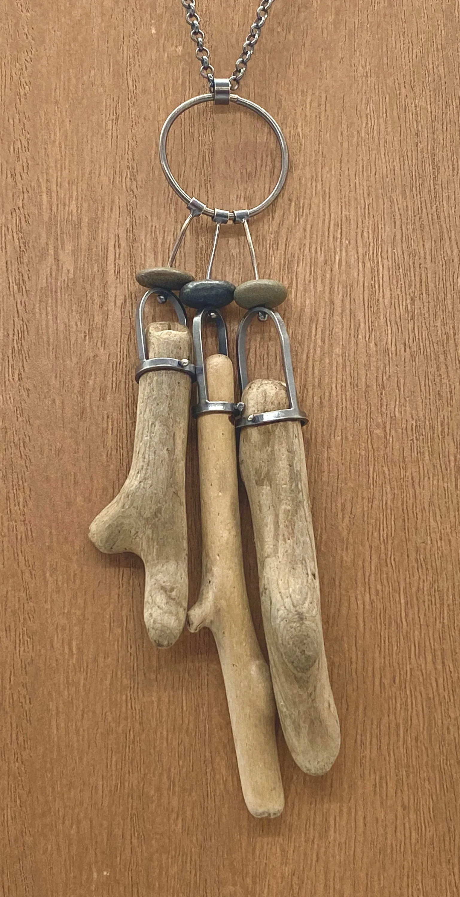 Three Stick Driftwood and Rock Necklace