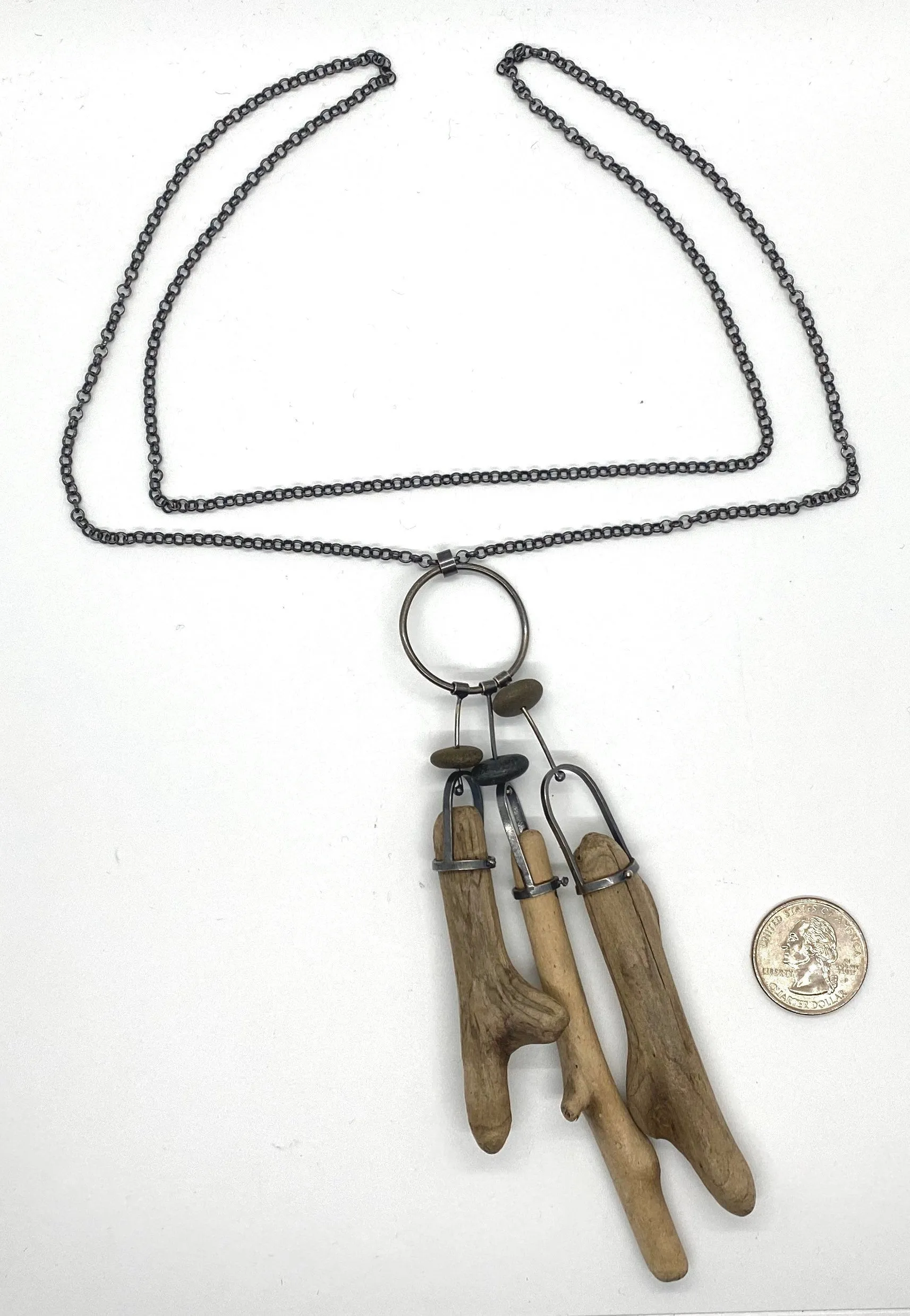 Three Stick Driftwood and Rock Necklace