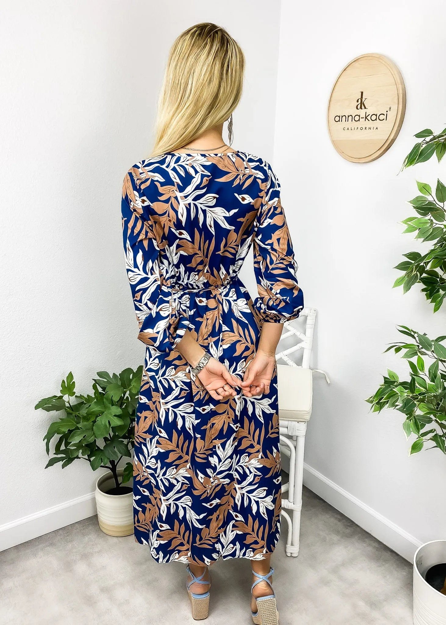 Tropical Leaf Print V Neck Dress