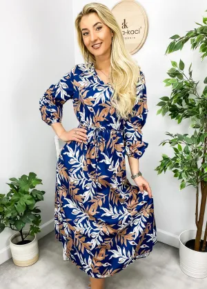 Tropical Leaf Print V Neck Dress