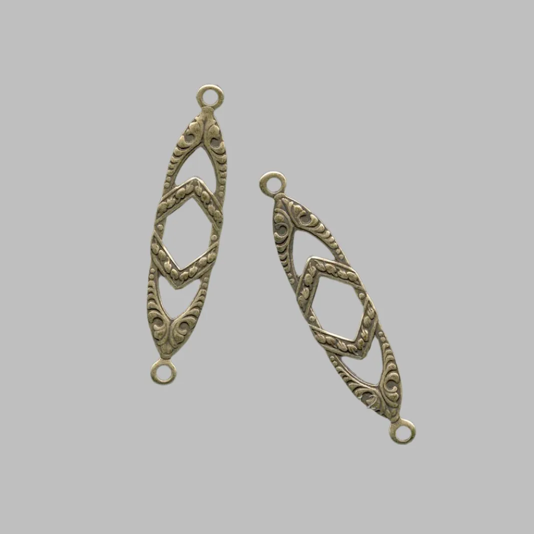 Two-ring fancy elongated stamped antique-finish gold-plated brass connector. 11x28mm. Pkg. 4. B9-0829g