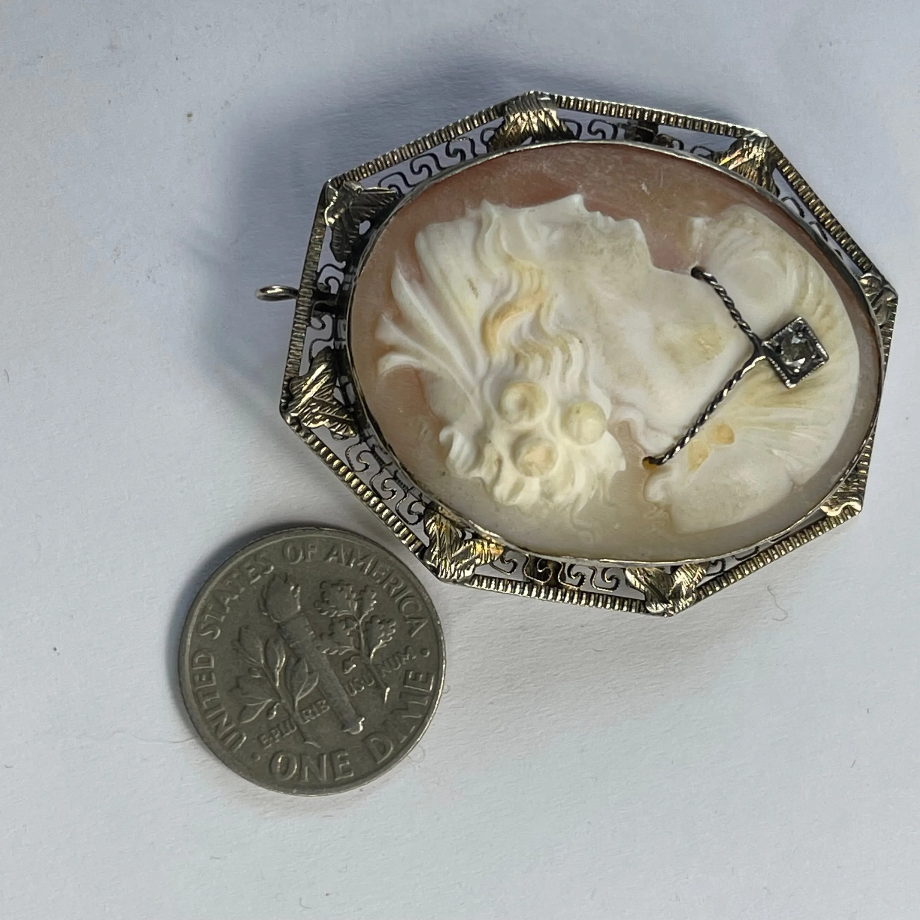 Victorian Cameo Pendant or Brooch with Large Carved Carnelian Shell Lady with Diamond Necklace.