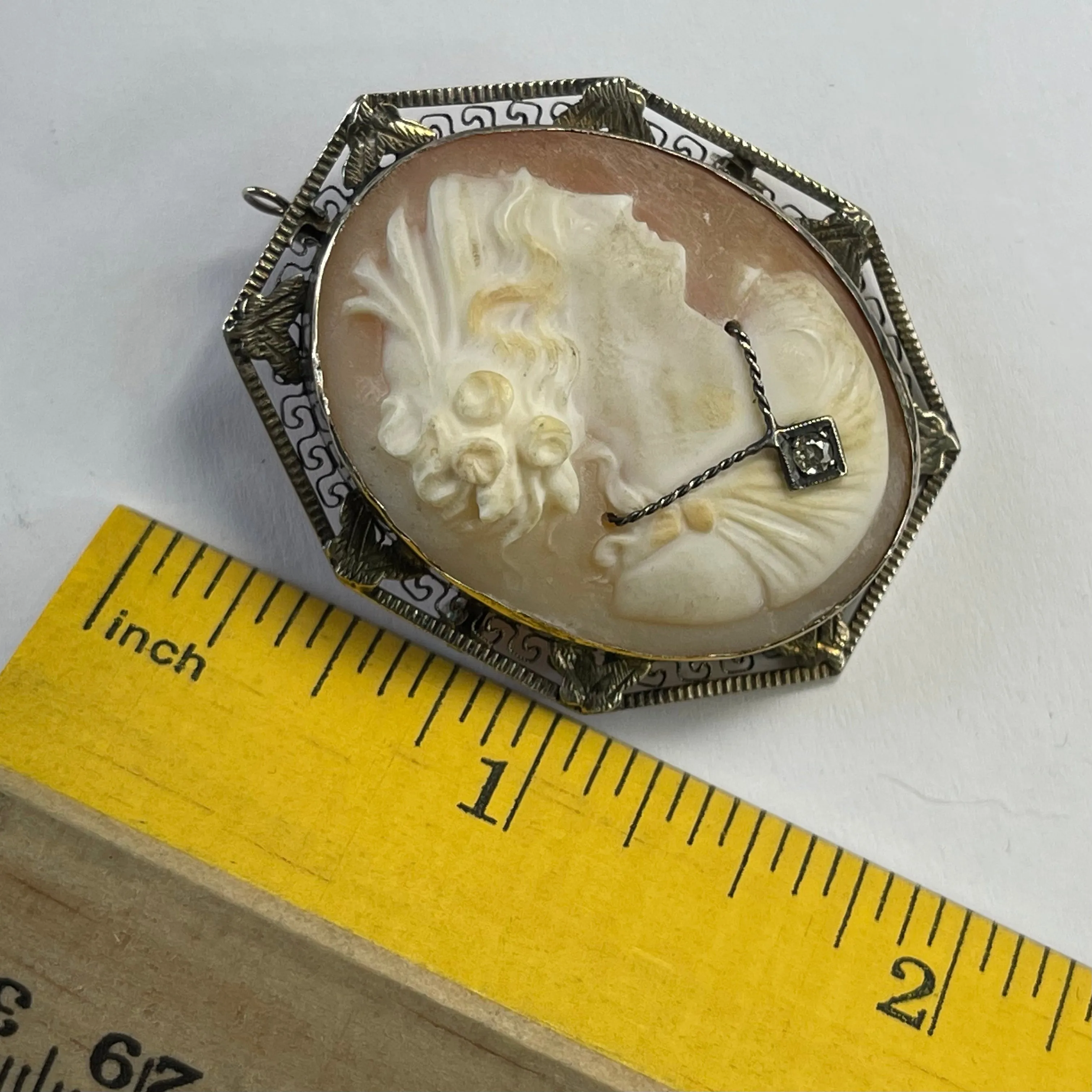 Victorian Cameo Pendant or Brooch with Large Carved Carnelian Shell Lady with Diamond Necklace.