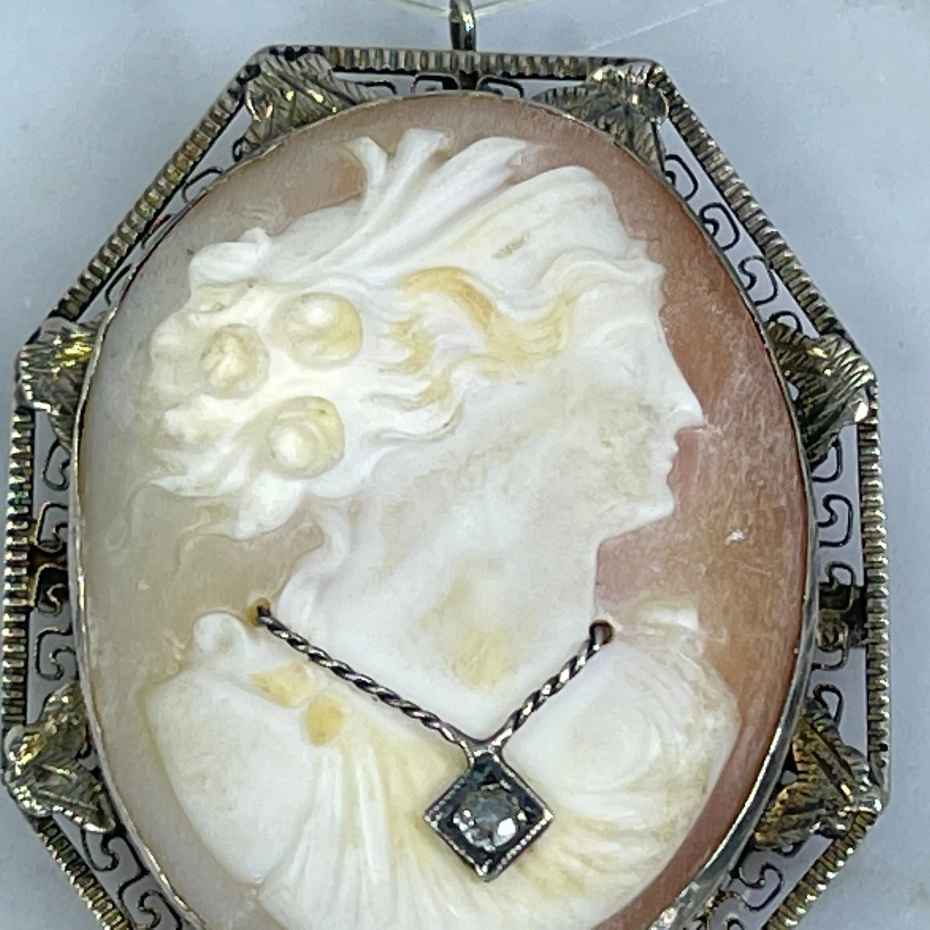 Victorian Cameo Pendant or Brooch with Large Carved Carnelian Shell Lady with Diamond Necklace.