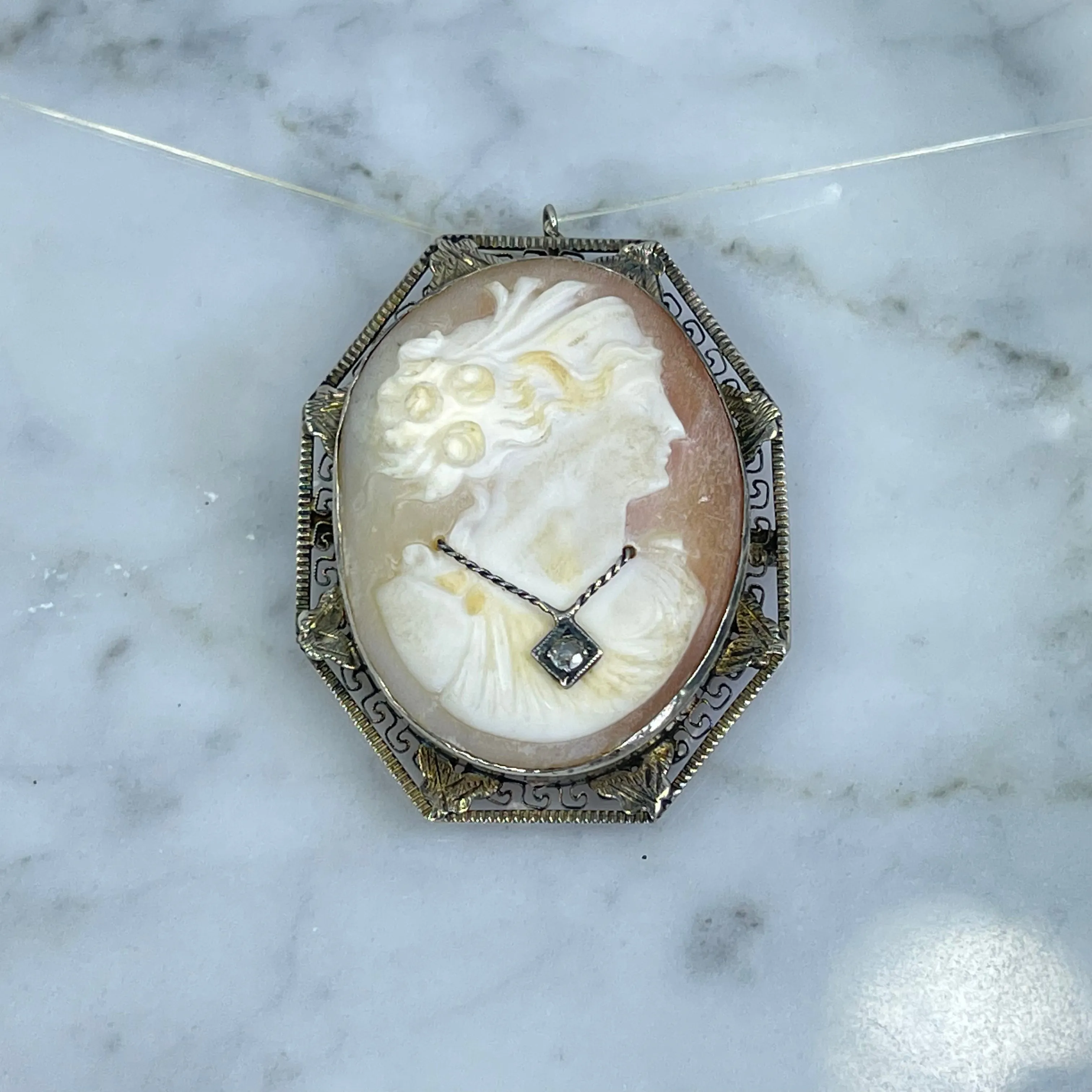 Victorian Cameo Pendant or Brooch with Large Carved Carnelian Shell Lady with Diamond Necklace.
