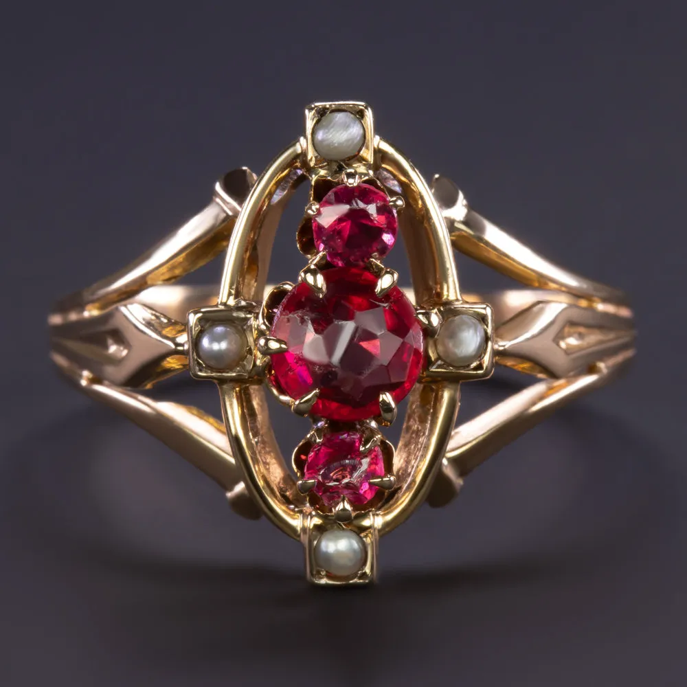 VICTORIAN RUBY SEED PEARL RING 14k YELLOW GOLD COCKTAIL ANTIQUE NAVETTE ESTATE