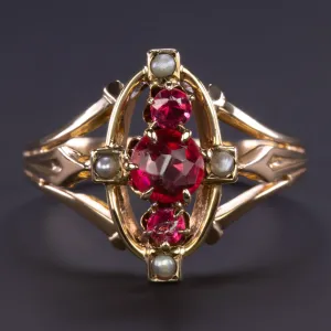 VICTORIAN RUBY SEED PEARL RING 14k YELLOW GOLD COCKTAIL ANTIQUE NAVETTE ESTATE
