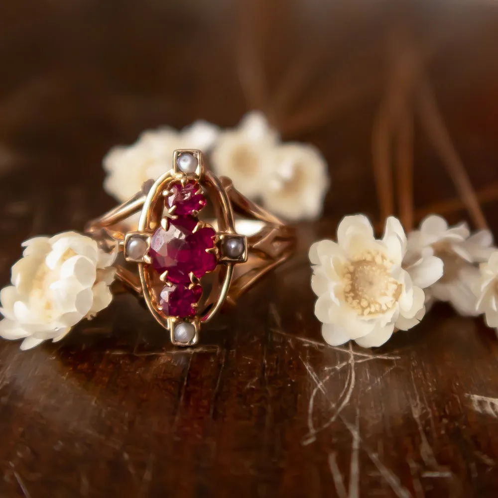 VICTORIAN RUBY SEED PEARL RING 14k YELLOW GOLD COCKTAIL ANTIQUE NAVETTE ESTATE