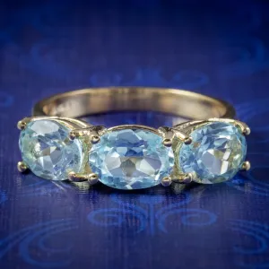 Victorian Style Blue Topaz Trilogy Ring 9ct Gold 3ct Of Topaz