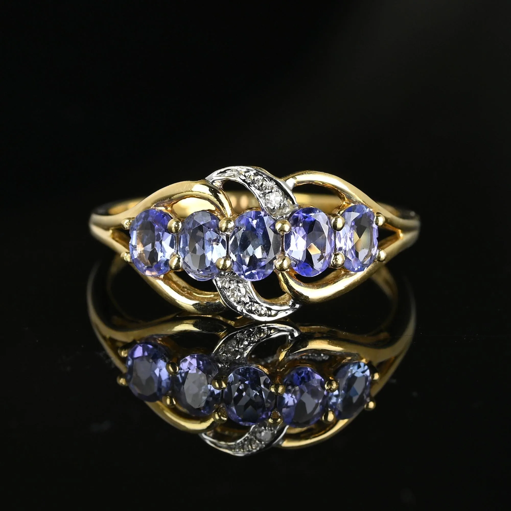 Vintage 14K Gold Diamond Five Stone Tanzanite Ring