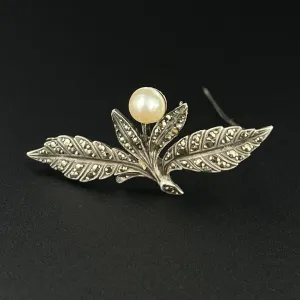 Vintage Art Deco Silver Cultured Pearl Marcasite Floral Brooch
