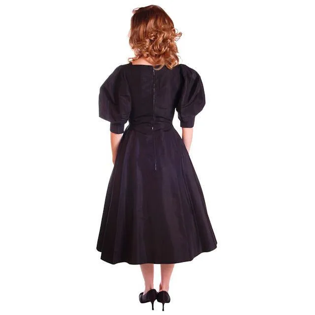 Vintage Black Silk Cocktail Dress Blums-Vogue 1950S MCM  Small Fab Sleeves 36-26-Free
