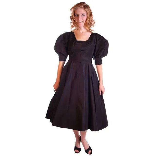 Vintage Black Silk Cocktail Dress Blums-Vogue 1950S MCM  Small Fab Sleeves 36-26-Free