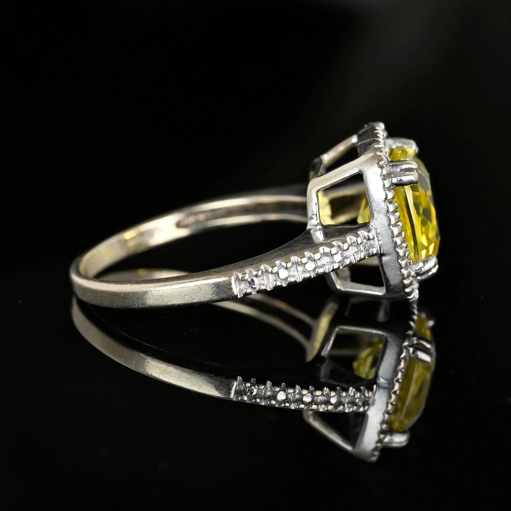 Vintage Diamond Halo Lemon Quartz Ring in White Gold