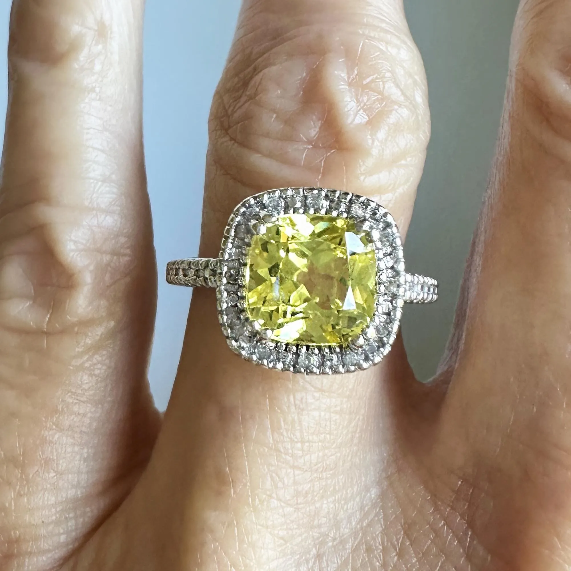 Vintage Diamond Halo Lemon Quartz Ring in White Gold