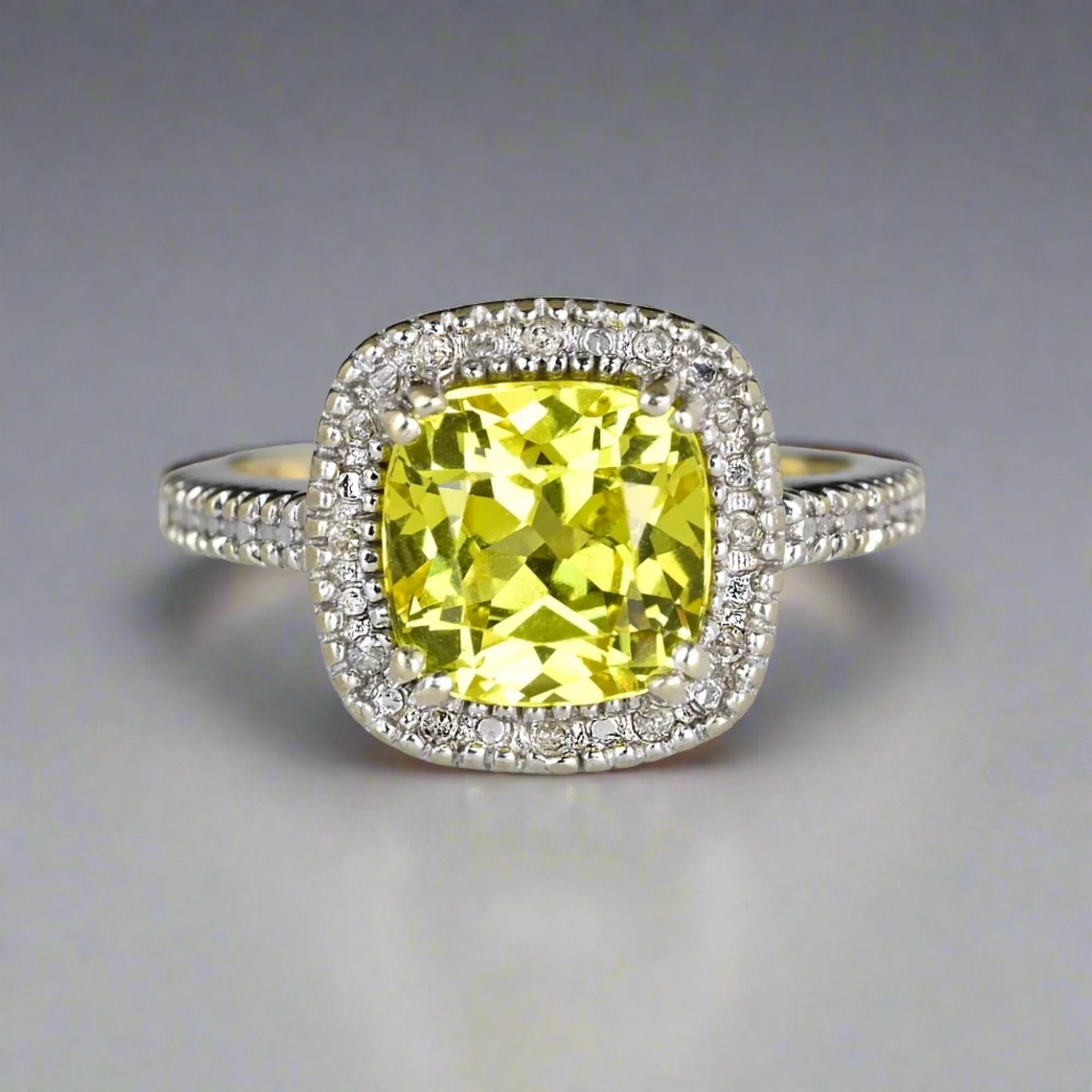 Vintage Diamond Halo Lemon Quartz Ring in White Gold