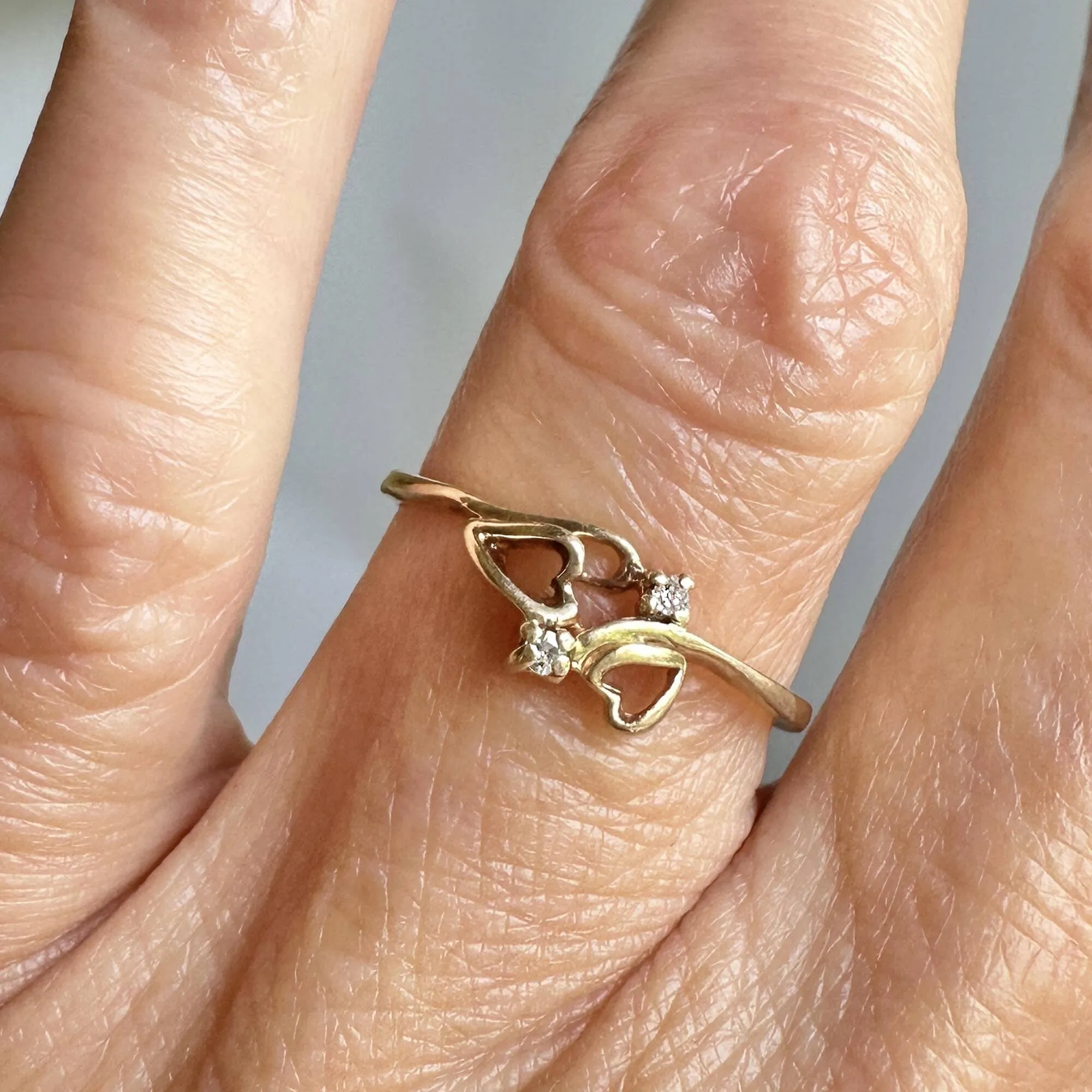 Vintage Gold Bypass Double Heart Diamond Ring