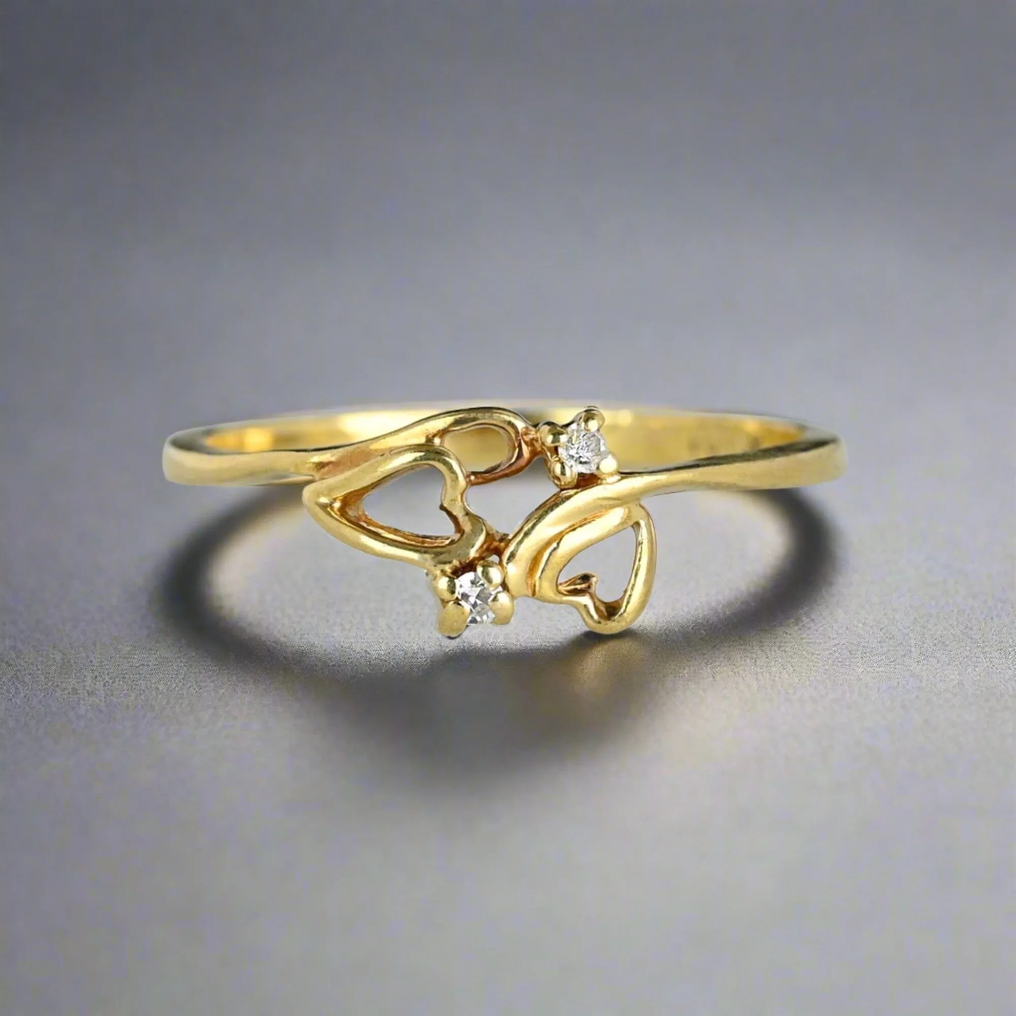 Vintage Gold Bypass Double Heart Diamond Ring